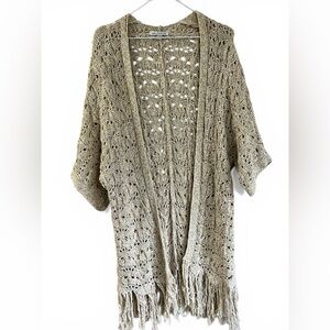 Open-Front Crochet Fringe Cardigan Sweater - Taupe